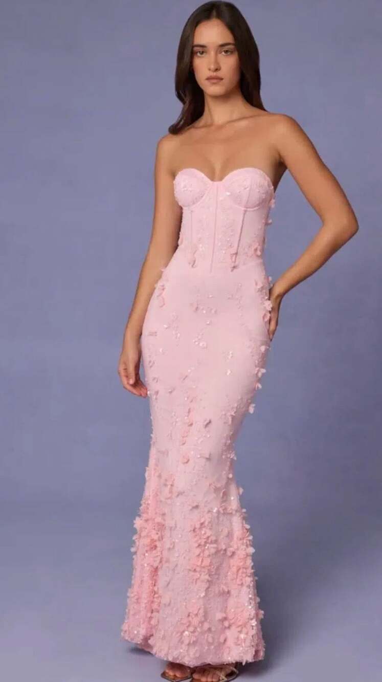 Oh Polly Amal Lace-Up Corset Maxi Strapless Dress Gown Floral Size 8 + New